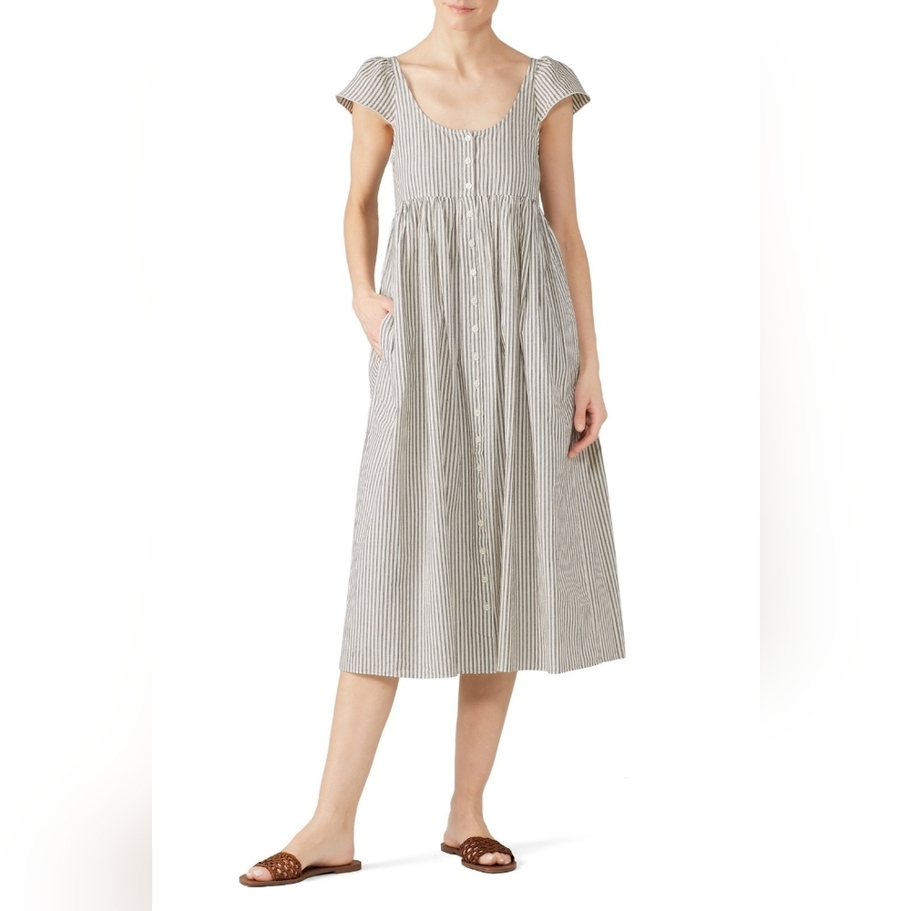 The Great. Grey Striped 100% Cotton Scoop Neck Button-Up Flutter Cami Dress M